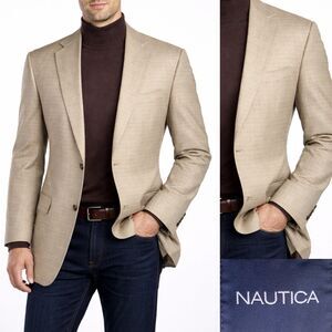 Nautica Sport Coat Blazer Mens 40R Beige Check Wool Cashmere 2-Button